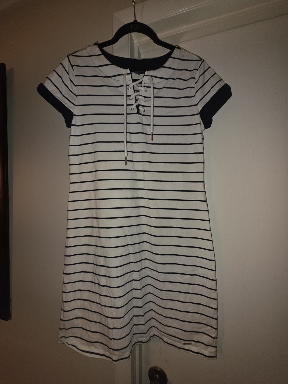 Tommy Hilfiger White Dress with Navy Stripes and Lace-Up Neck